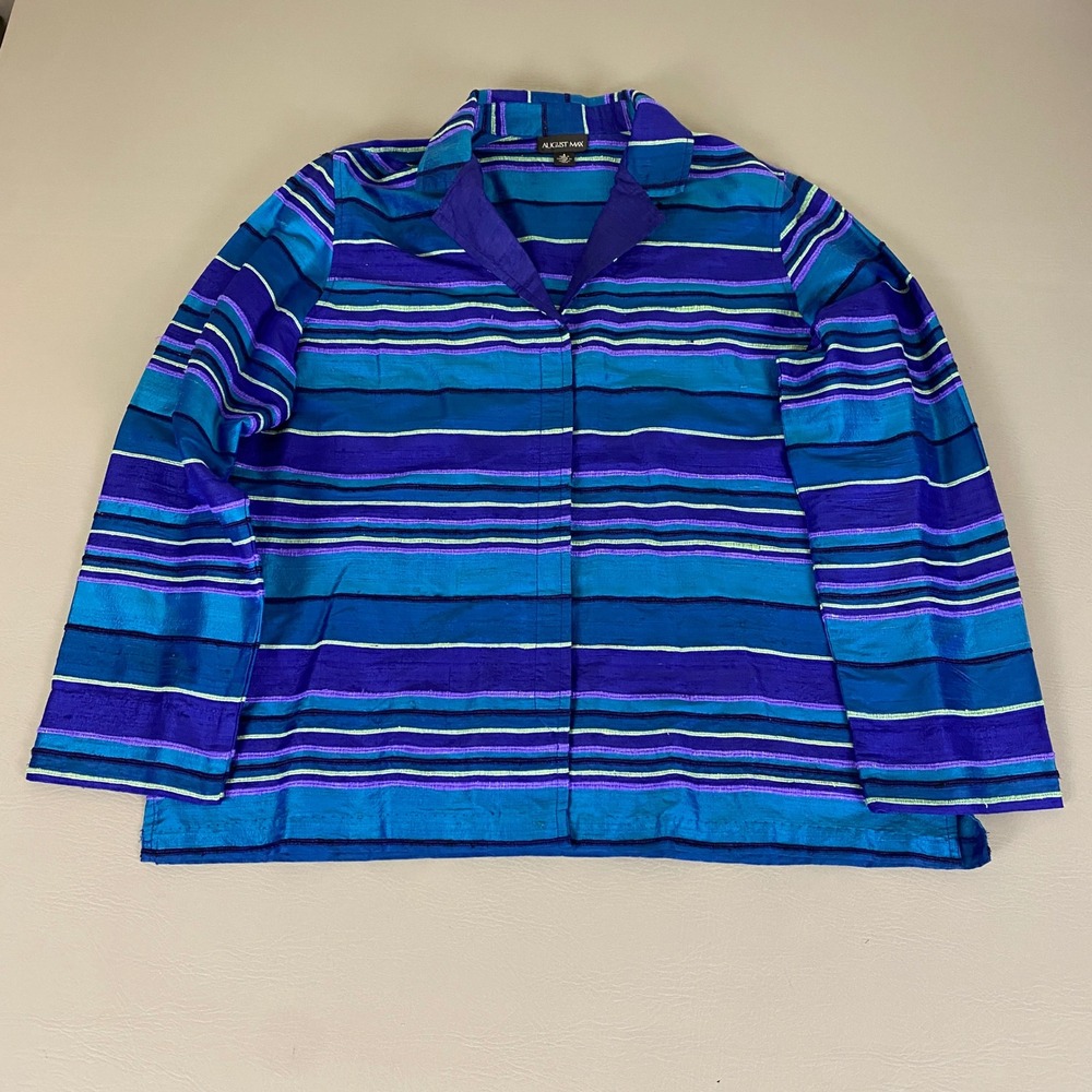 August Max Silk Blouse Top Size 4 (US XL) Striped Blue‎ Purple Long Sleeve